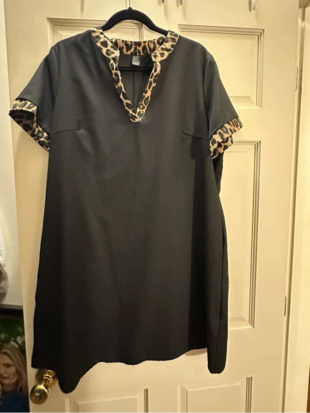 Black Mini Dress with Leopard Trim - Women's Shift Dress - Picture 1 of 2